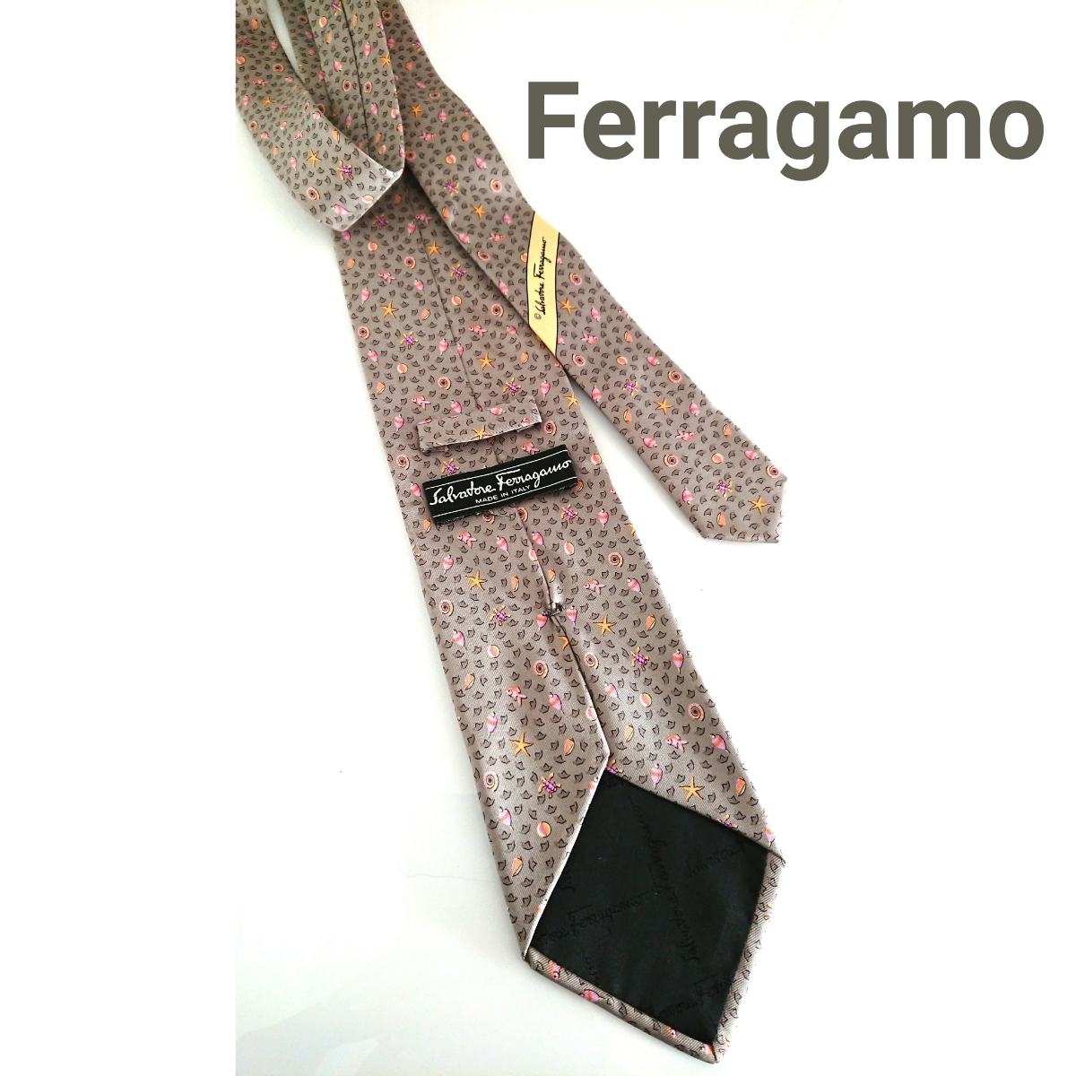 正規 Salvatore Ferragamo フェラガモ シルク ネクタイ 総柄 グレー silk ヴィンテージ イタリア製_画像1