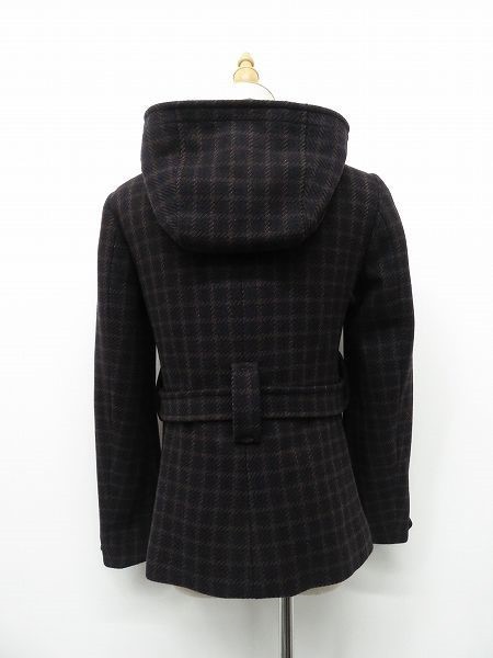 J241/ PRADA ジャケット ダッフルコート ショート チェック ウール ベルトデザイン フーディ 40 L 紺 茶 プラダジャパン