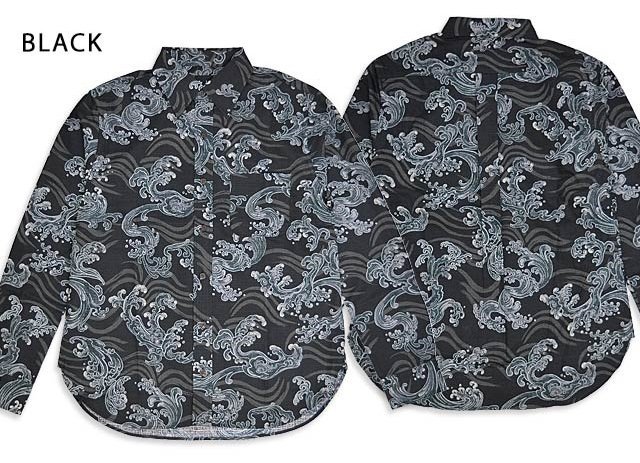 レギュラー長袖シャツ「墨波」◆衣櫻 ブラックXXLサイズ SA-1537 和柄 和風 日本製 国産 総柄
