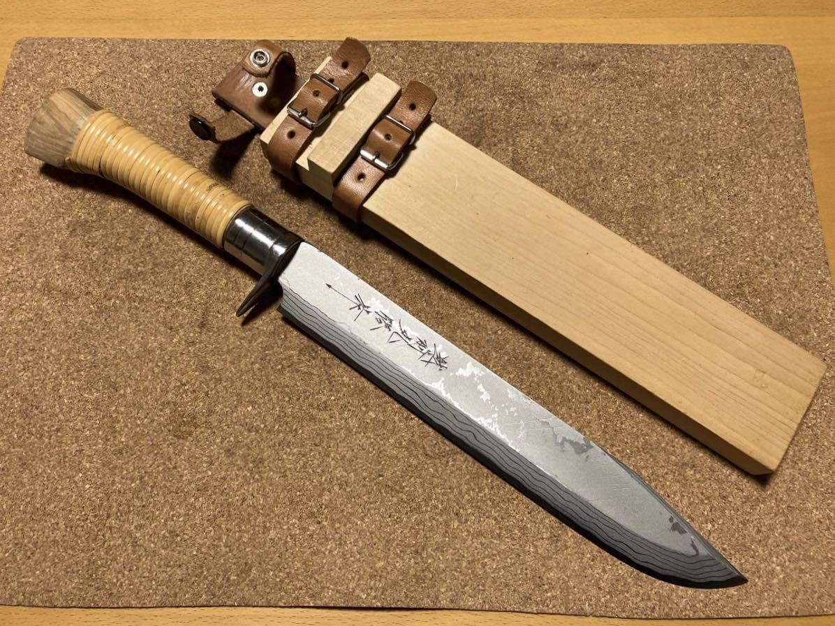 越前丸勝作 大型両刃剣鉈 多層鋼 和式ナイフ 鞘付 程度良好 越前丸勝作 大型両刃剣鉈 多層鋼 和式ナイフ 鞘付 程度良好
