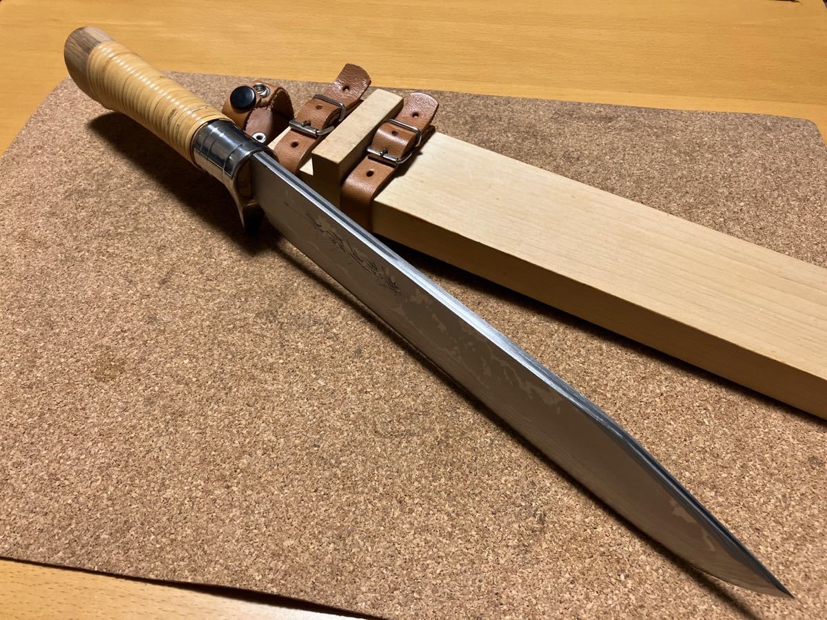 越前丸勝作 大型両刃剣鉈 多層鋼 和式ナイフ 鞘付 程度良好 越前丸勝作 大型両刃剣鉈 多層鋼 和式ナイフ 鞘付 程度良好