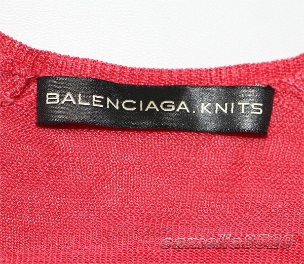 BALENCIAGA KNITS バレンシアガ ニット 七分袖 セーター プルオーバー トップス フクシア Vネック レッド 絹シルク混 38 サイズ M 未使用品_画像2