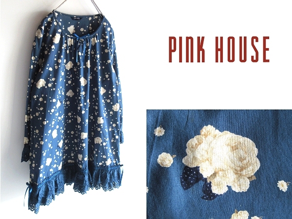 美品 PINK HOUSE ピンクハウス 白薔薇 ホワイトローズ 花柄 ピコフリル レース リボン コットン チュニック ワンピース FREE ブルー