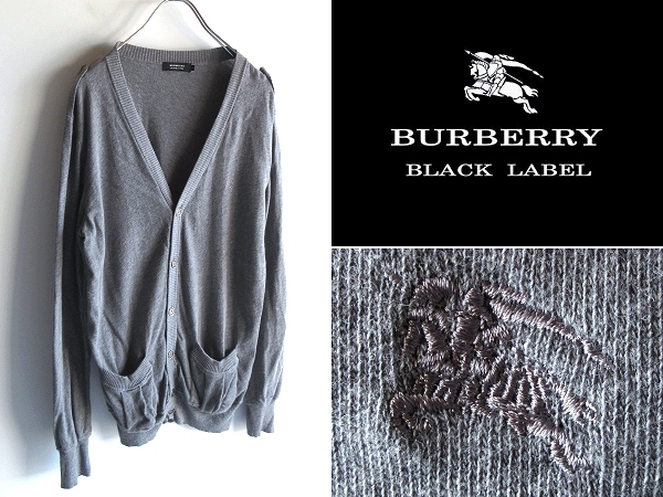 希少 BURBERRY BLACK LABEL バーバリーブラックレーベル ホースロゴ刺繍 メタルボタン エポレット付 コットンニット カーディガン 3 グレー