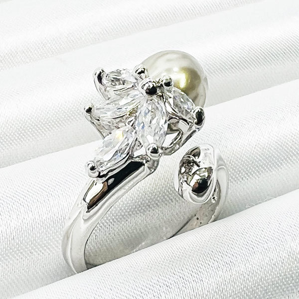 送料無料!! 大粒 ブラックパール風 フリーサイズ CZダイヤモンド デザインリング 指輪 アクセサリー R-0134_画像2