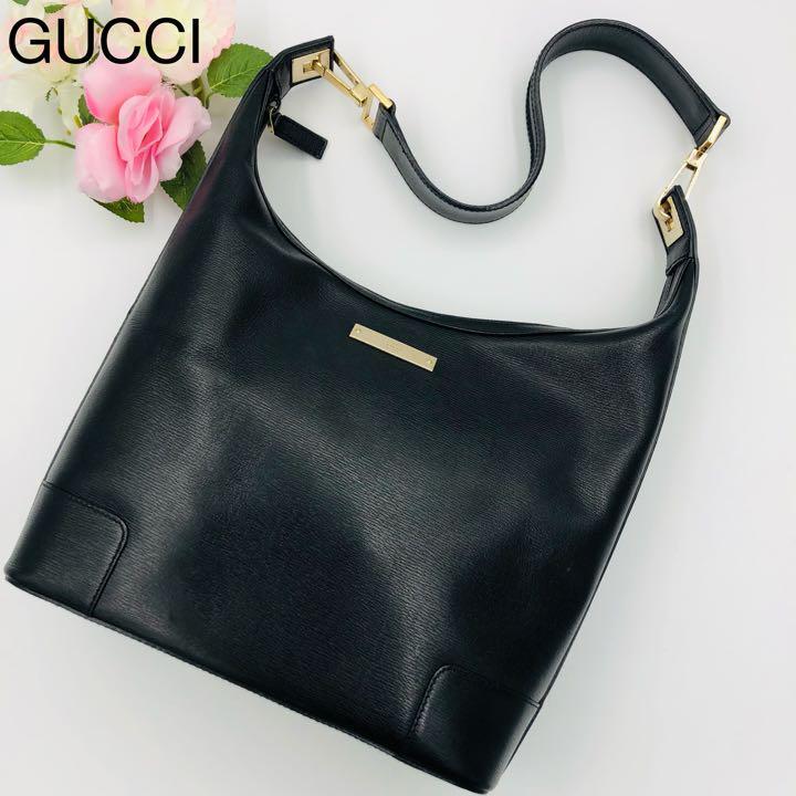 グッチ ワンショルダーバッグ ゴールド金具 ロゴ刻印 レザー ブラック