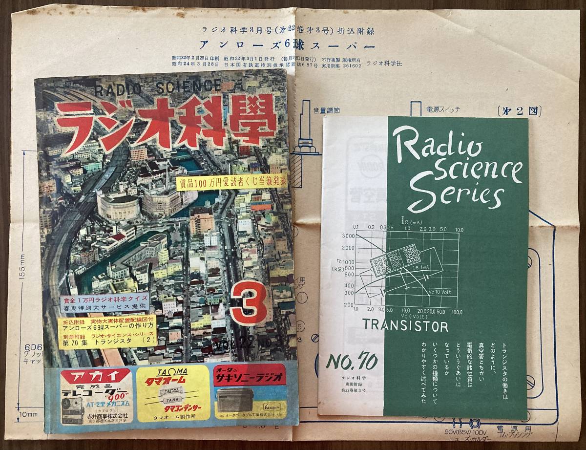 ラジオ科学 1957年（昭和32年）3月号　アンローズ6球スーパーの作り方　6AR5シングルHi-Fiアンプの作り方　などなど　別冊付録・折込付録付_画像1