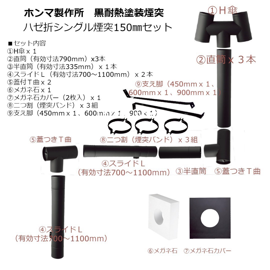 【沖縄及び他県離島配送不可】ホンマ製作所 黒耐熱 ステンレスハゼ折シングル煙突セットφ150mm_画像1