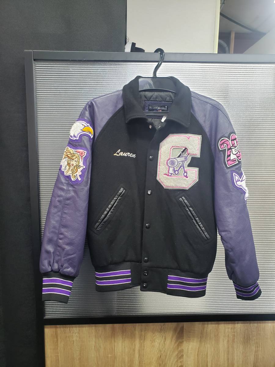 スタジャン 革ジャン レザージャケット ジャンバー ブルゾン ヴィンテージ USED 黒×紫 XS