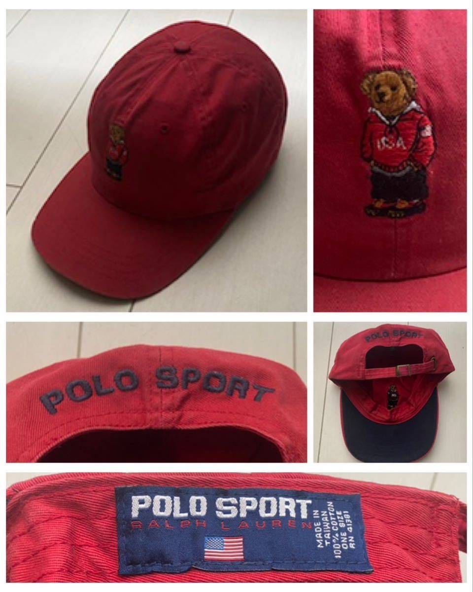 送料無料 90s polo bear sport ポロスポーツ ポロベア ラルフローレン 刺繍 CAP キャップ 帽子 red 赤 rrl vintage ビンテージ country 92