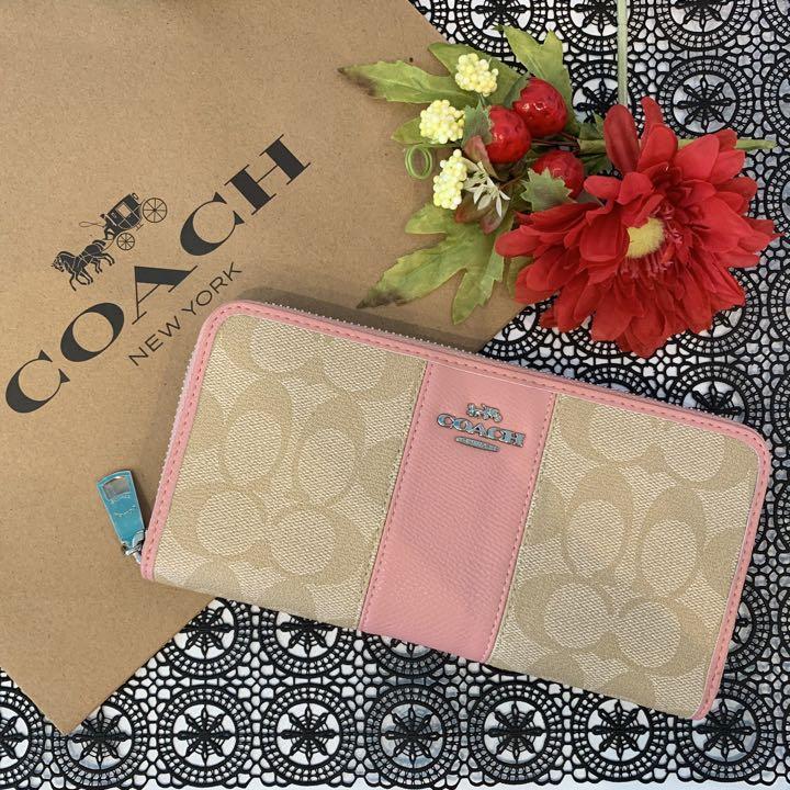 COACH コーチ ベージュ シグネチャー ピンク ストライプ