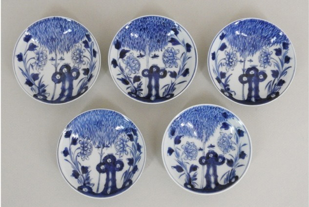 { plate } old Imari blue and white ceramics flower bamboo writing 5 sheets 