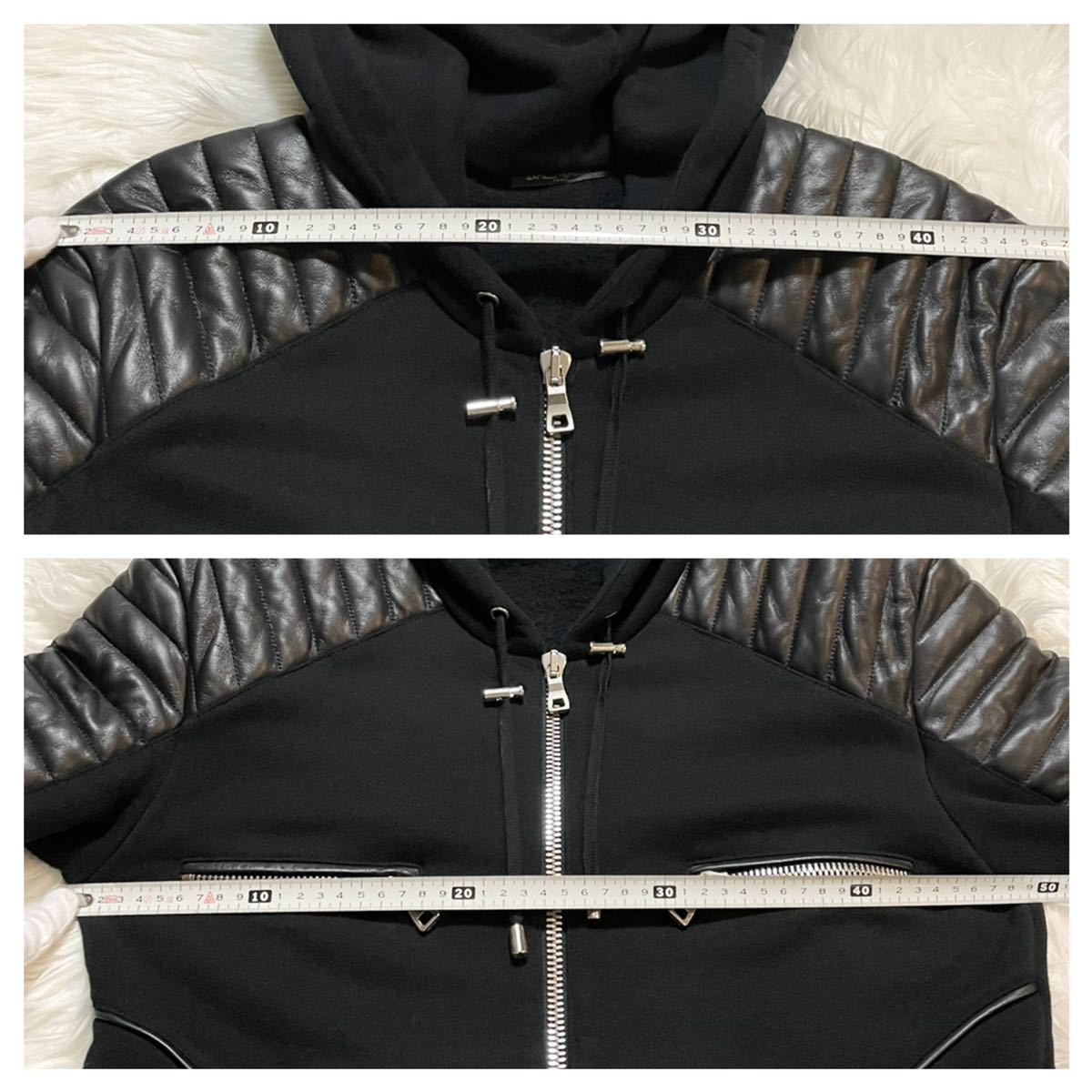 本物 美品 バルマンオム ショルダー レザー切替 ZIP UP パーカー
