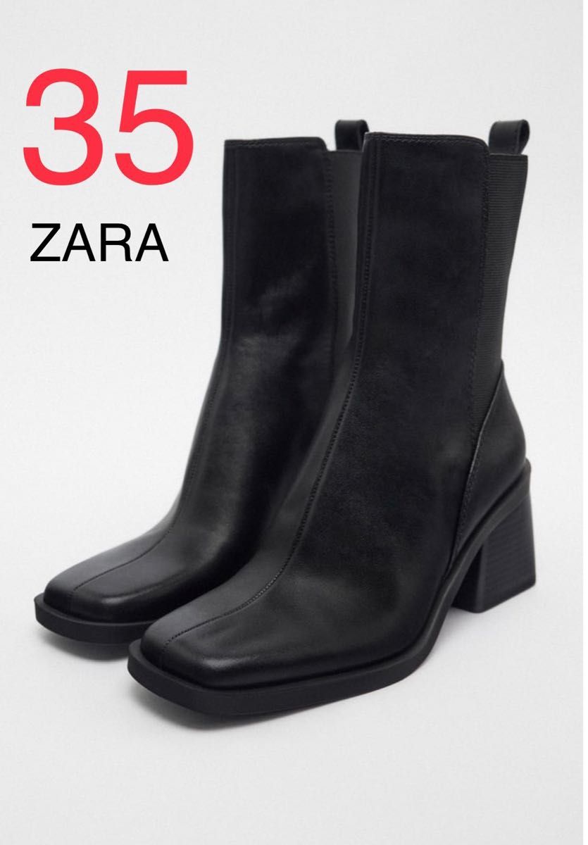ZARA ザラ ブロックヒール レザーショートブーツ 35 22.5 - ブーツ