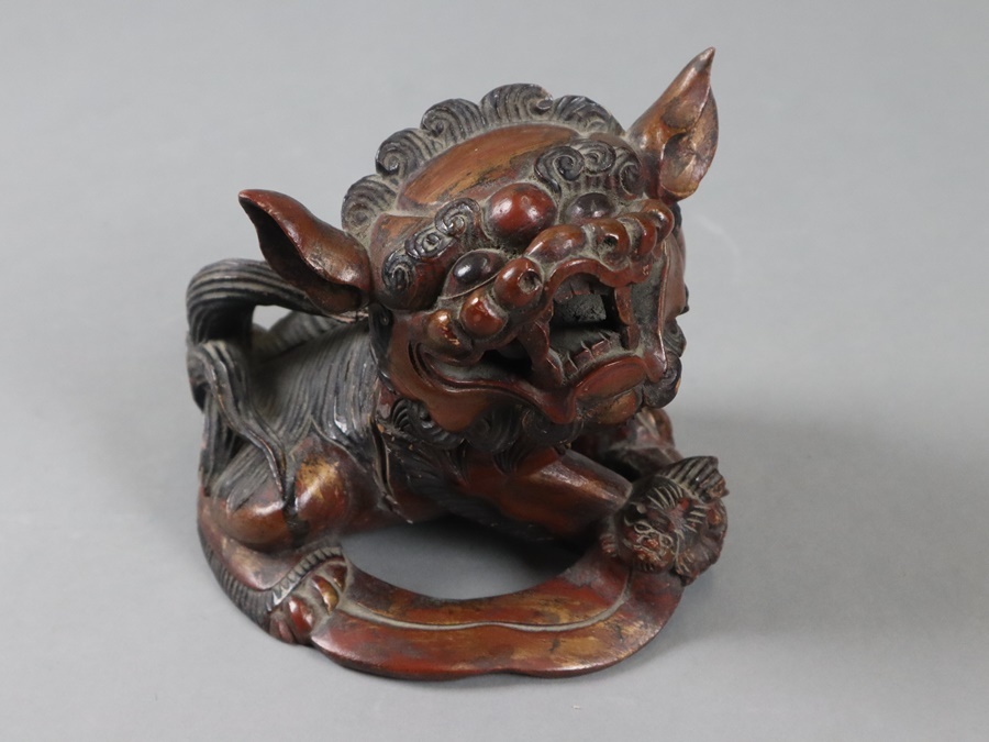 中国古玩 清代 木彫 獅子一対 唐物 木造彫刻 置物 時代物 細密細工 古美術品 [b101]_画像7