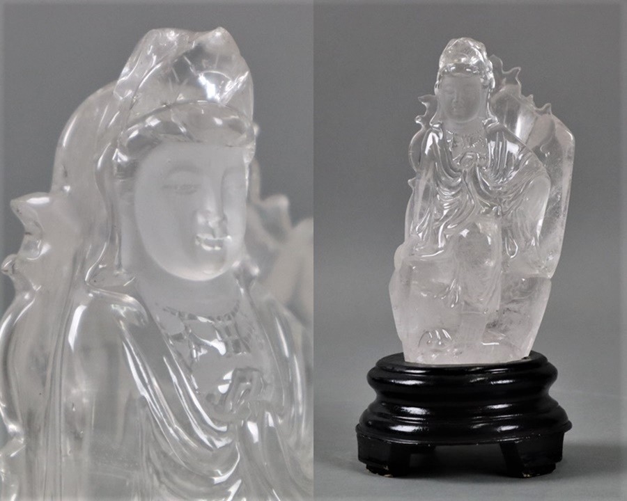 天然水晶 観音立像 台付 高17,5cm 重590,5g 置物 仏教美術 天然石 細密