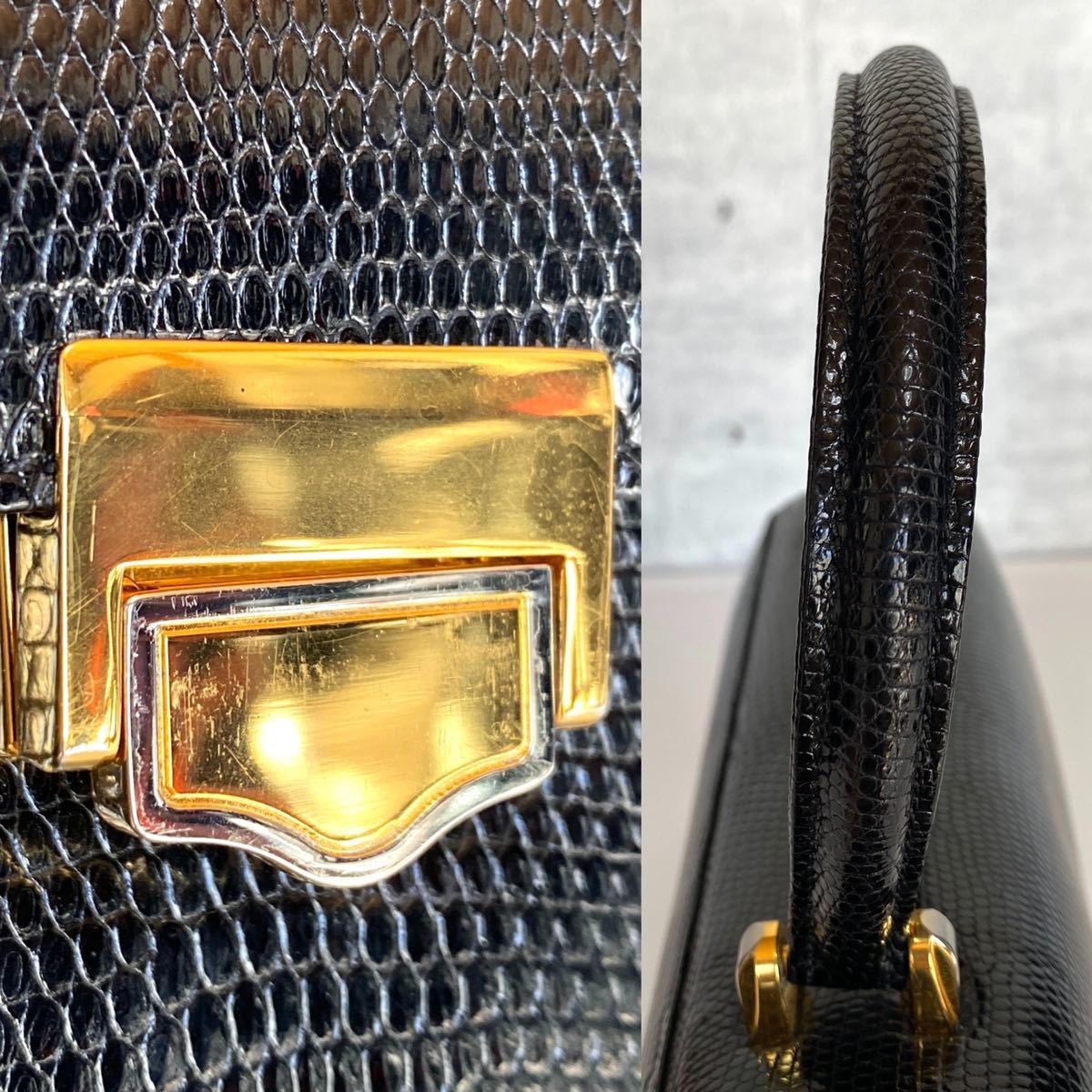 美品 WAKO ワコウ 銀座 和光 フォーマル 黒 ブラック ゴールド金具 リザード革 レザー ハンドバッグ トートバッグ
