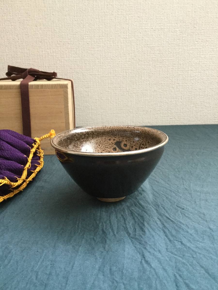  茶道具　銀縁天目茶碗　玳玻花鳥文天目　_画像1