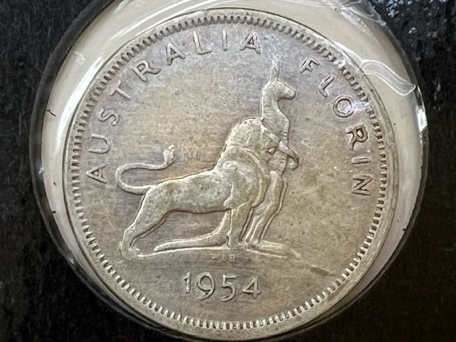 1954年 オーストラリア エリザベス2世／1フローリン銀貨 ライオン＆カンガルー 認定書付の画像4