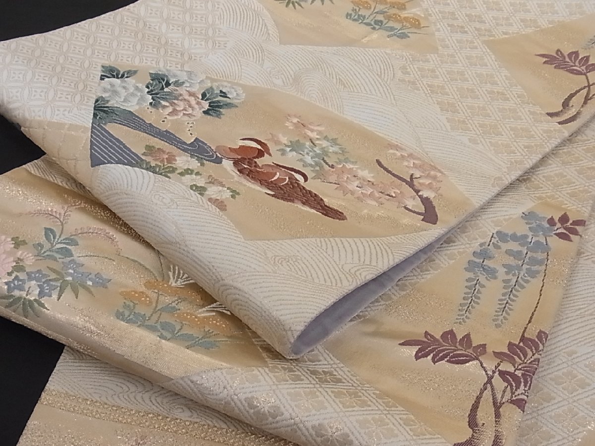 新品❁︎高級 袋帯 有職色紙典雅文 六通柄 七宝繋 鳥 花紋 菊 正絹 金