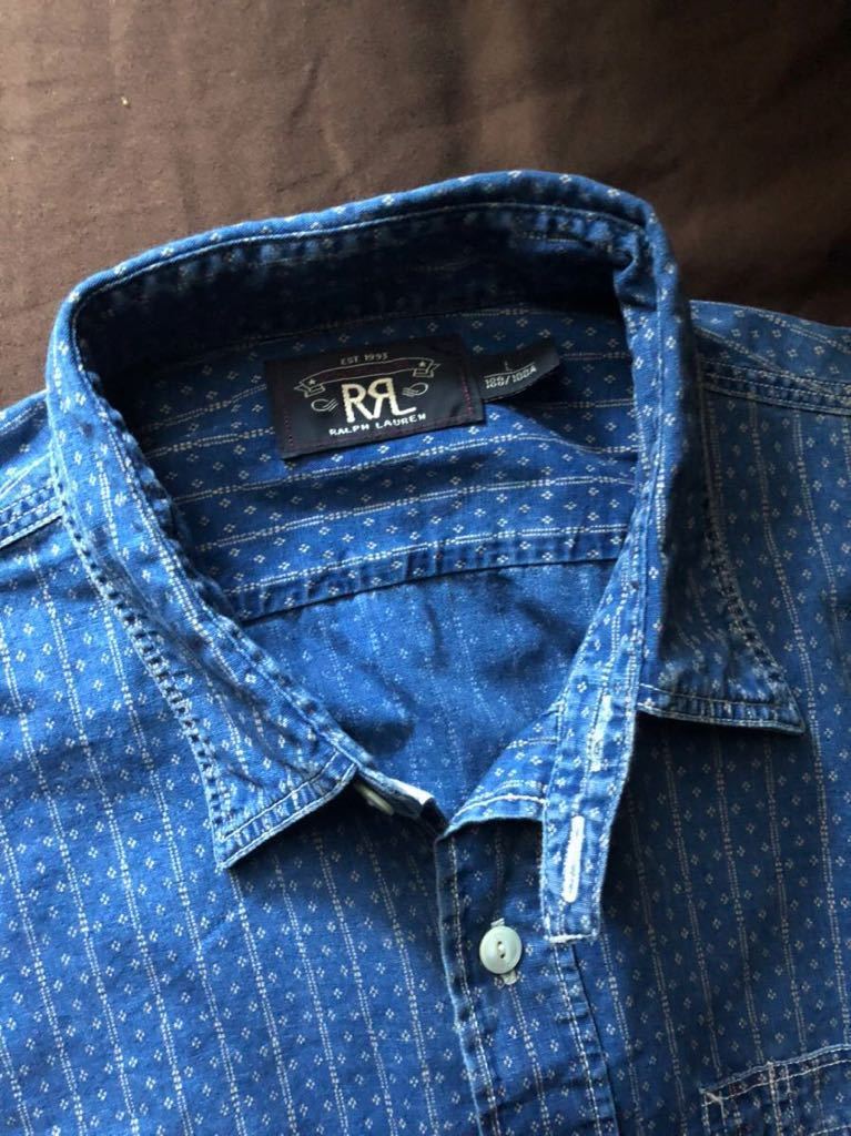 希少】極美品 RRL INDIGO STRIPE BAND COLLAR SHIRT ダブルアールエル