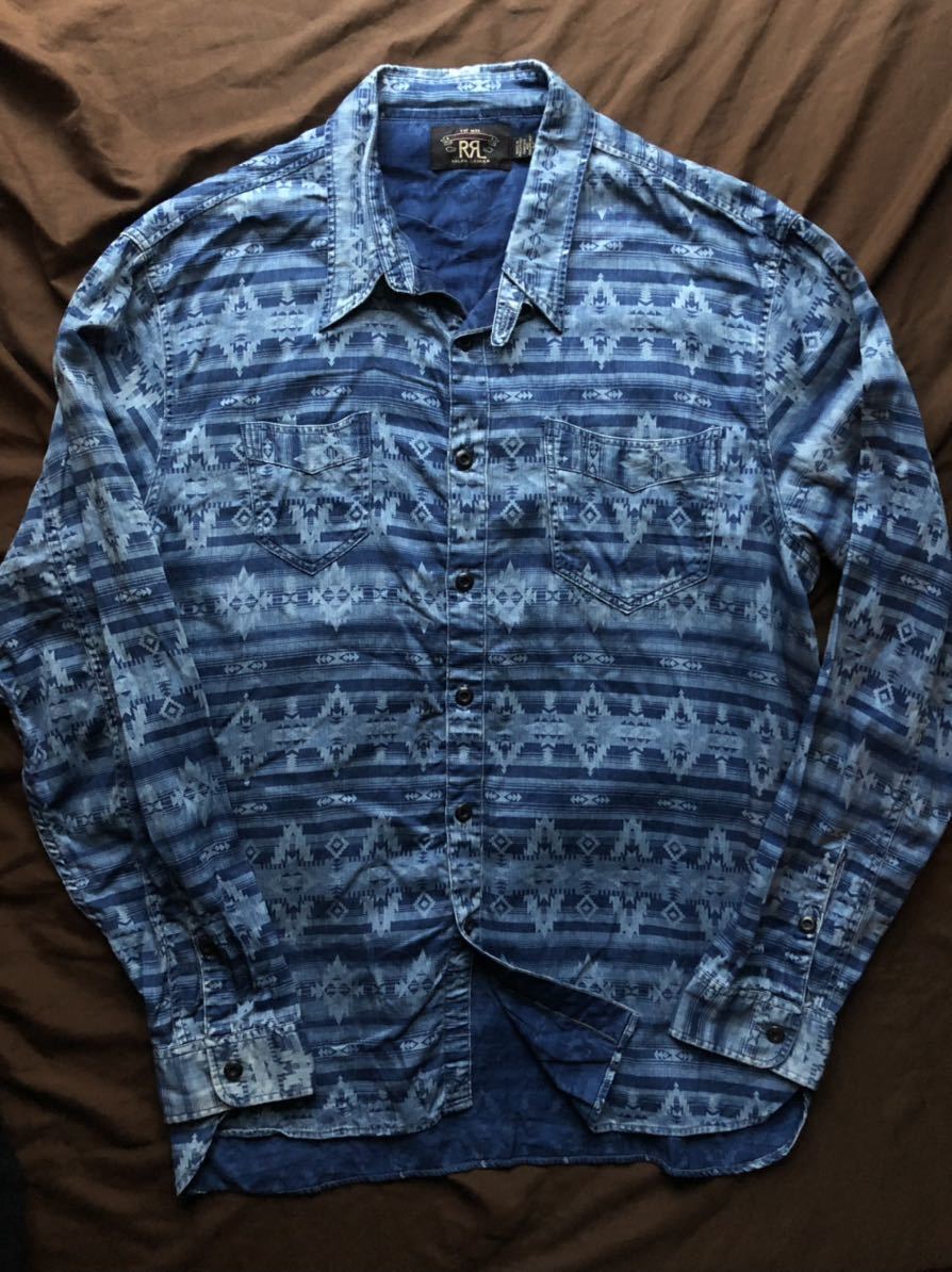 【名作】極美品 RRL NATIVE INDIGO WESTERN SHIRT ダブルアールエル インディゴ ネイティブ ストライプ ウエスタンシャツ シャツ L_画像2