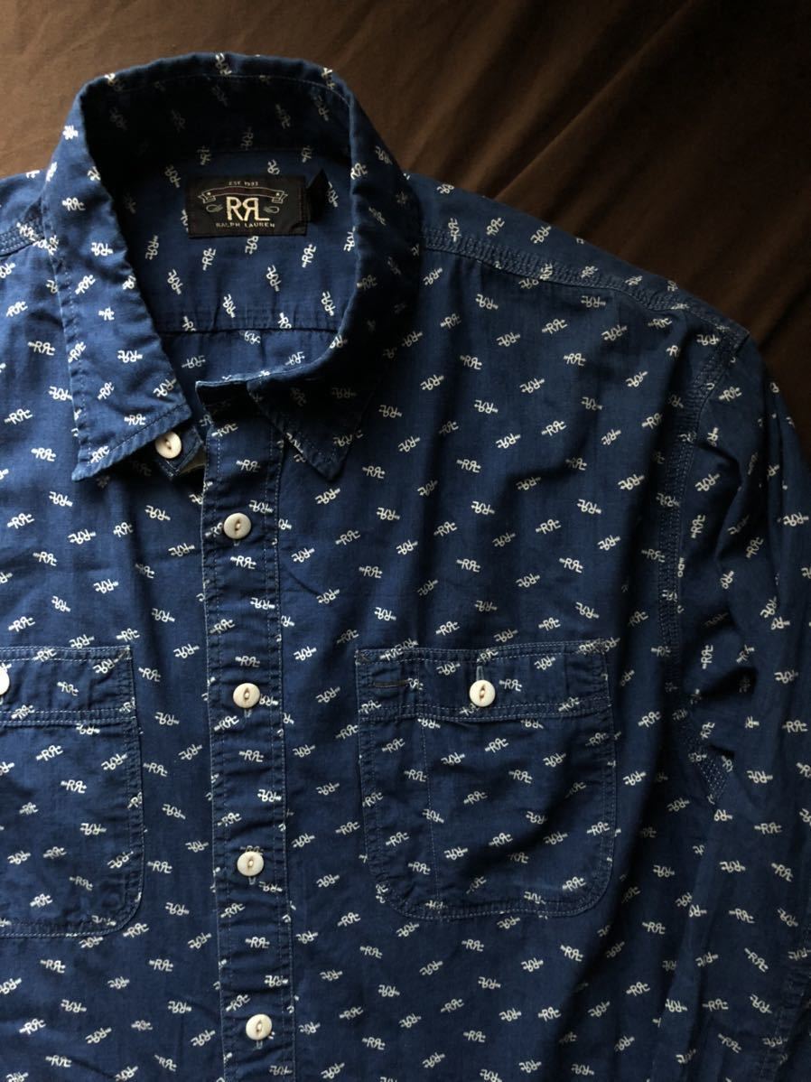 【名作】極美品 RRL INDIGO WORK SHIRTS ダブルアールエル インディゴ 抜染 総柄 本藍染め デニム ワーク シャツ ラルフローレン XL_画像2