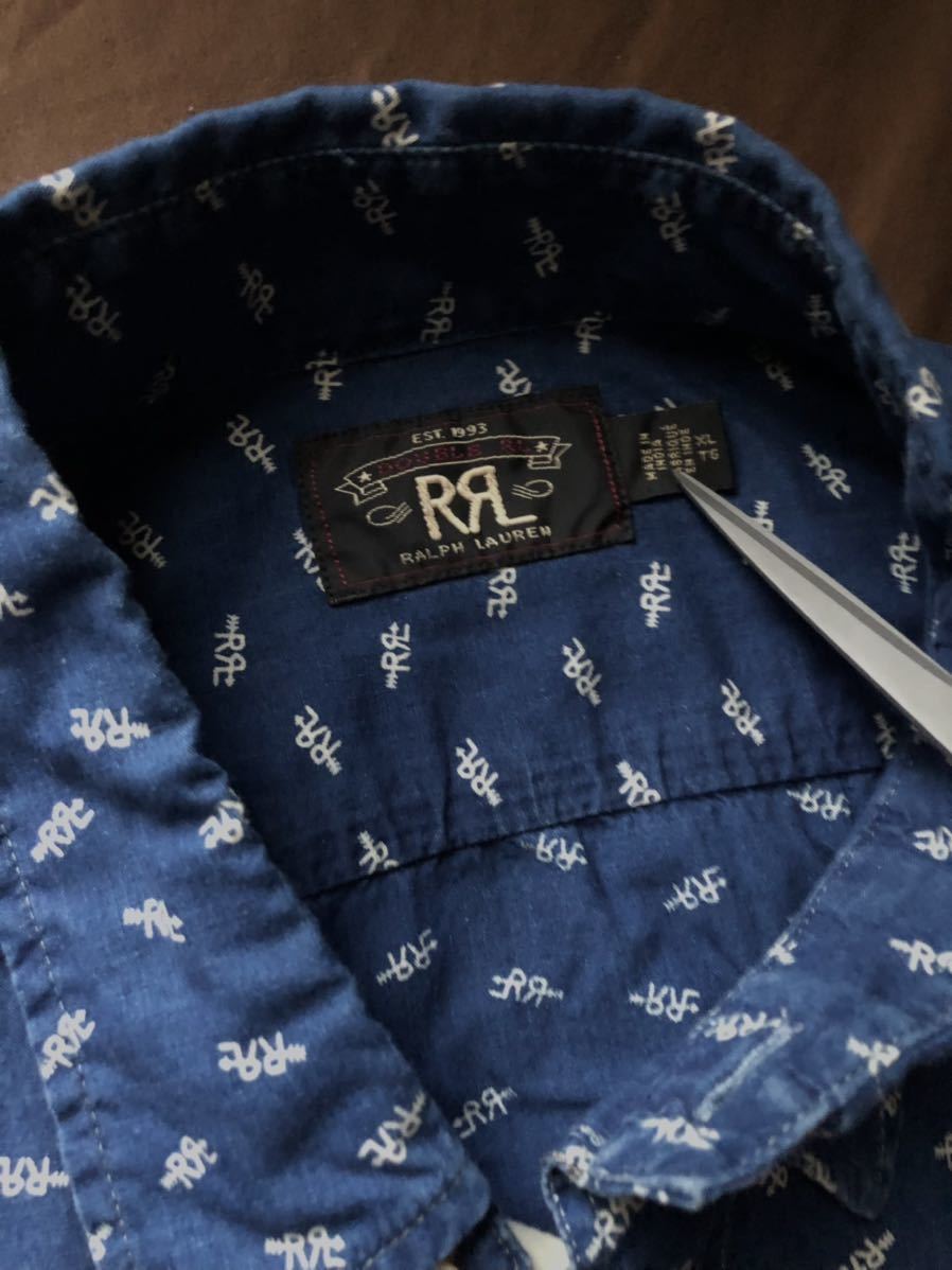 【名作】極美品 RRL INDIGO WORK SHIRTS ダブルアールエル インディゴ 抜染 総柄 本藍染め デニム ワーク シャツ ラルフローレン XL_画像3