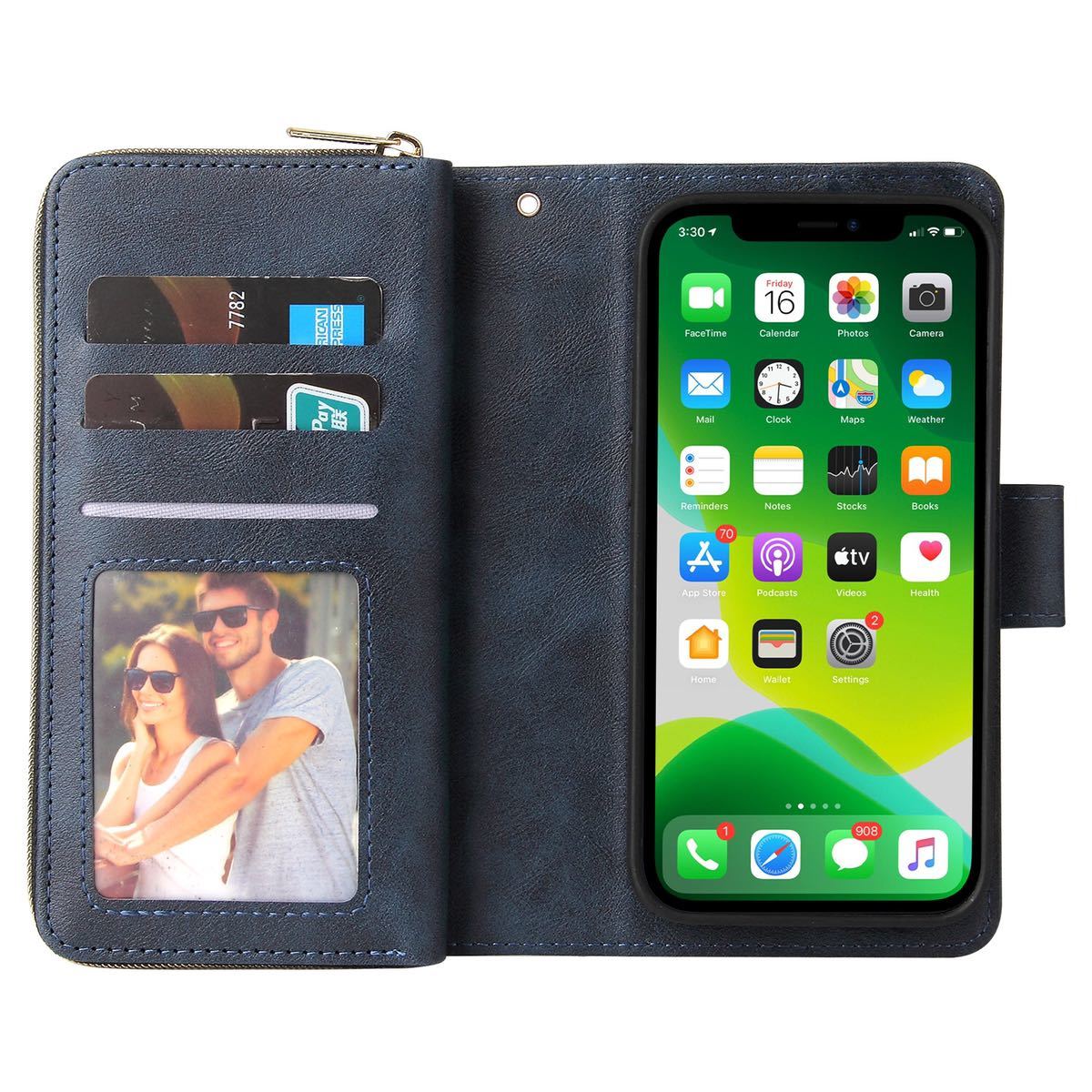 iPhone 13 mini leather case iPhone13 mini case iPhone 13 Mini cover notebook type card storage with strap .. purse attaching navy 