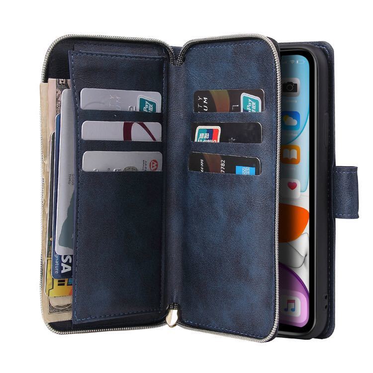 iPhone 12 mini レザーケース iphone12 mini ケース アイフォン12 ミニ カバー 手帳型 カード収納 ストラップ付き お財布付き ネイビー