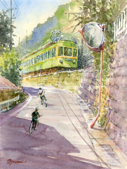 ★水彩画★原画「江ノ電が来た 3」#583 ★水彩画★原画「江ノ電が来た 3」#583