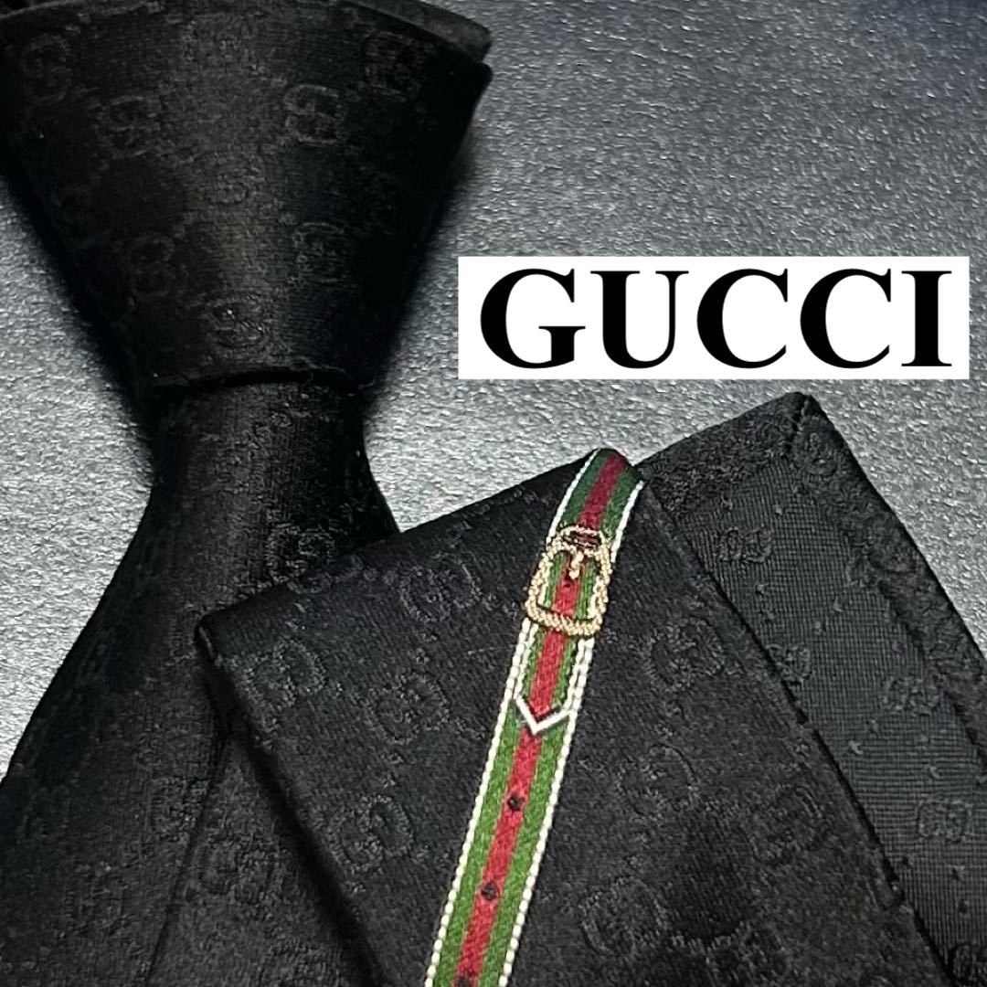 美品 GUCCI グッチ ネクタイ GG ブラック シェリーライン ベルト-