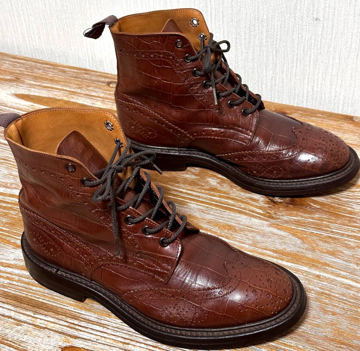 Tricker's × Paul Smith トリッカーズ ポールスミス 別注品 カントリーブーツ レースアップ ウイングチップ クロコ型押し UK7  25.5cm 革靴