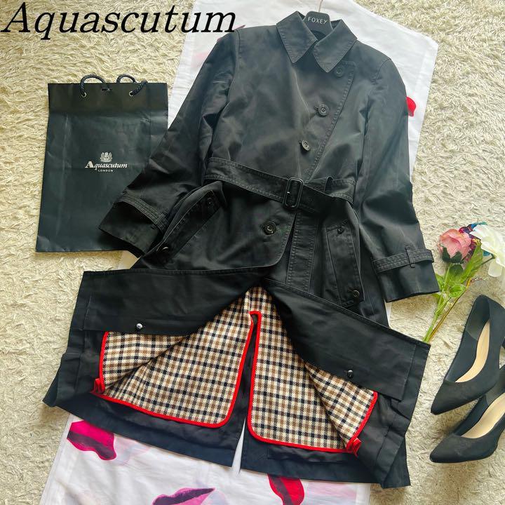 良品】Aquascutum ライナー付きトレンチコート ブラック 7F M アクア