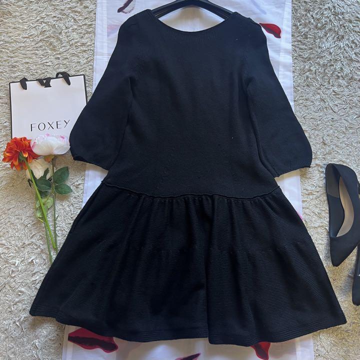 良品】FOXEY NEW YORK ニットワンピース フレア ブラック 40-