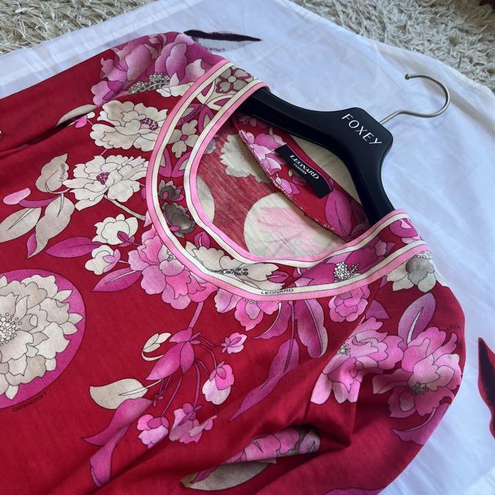 良品】LEONARD 膝丈ワンピース 総柄 カンカン 赤 花柄 長袖 M 1