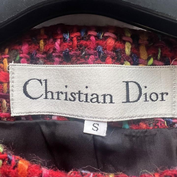 【美品】Christian Dior ツイードジャケット ノーカラー レッド S クリスチャンディオール 赤