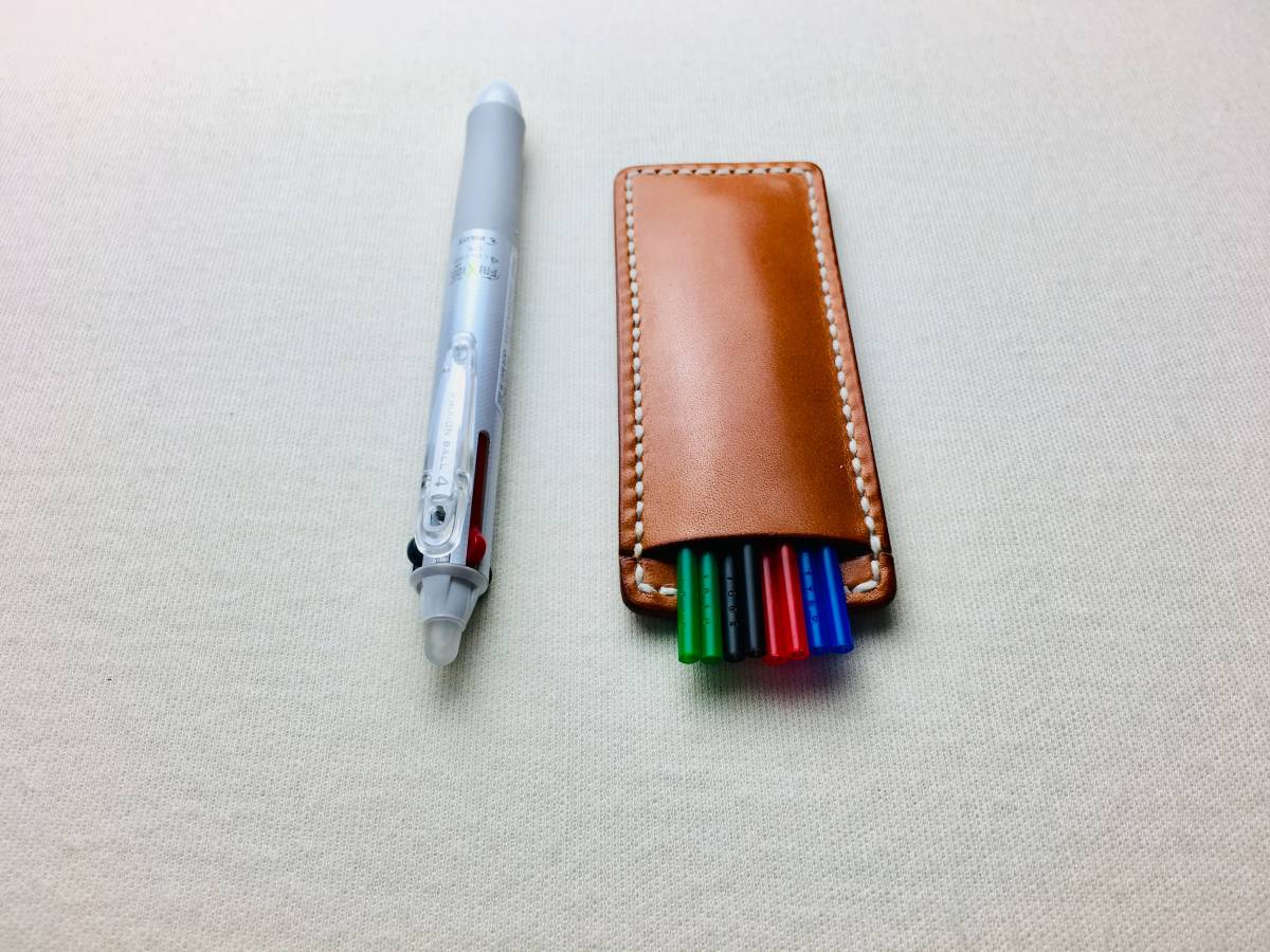 [ hand .] Camel color friction ball-point pen refill original leather case ( unbleached cloth flax thread )