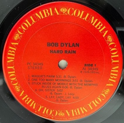 良好盤!! 1Aマト USオリジナル 初版 PC規格 BOB DYLAN Hard Rain ('76 Columbia) ボブ・ディラン 激しい雨 米 初回 藤色専用インナー 完品_画像3