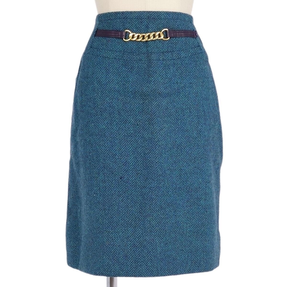 Vintage セリーヌ CELINE スカート ツイード チェーン金具 ウール レディース ボトムス フランス製 40(M相当) グリーン  ch02ob-rm04b21791