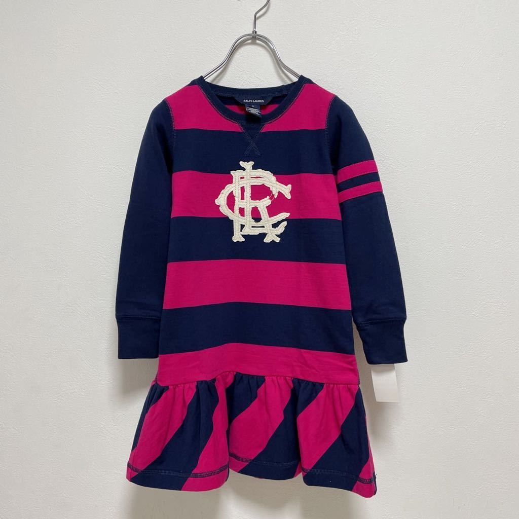  new goods RALPH LAUREN Ralph Lauren One-piece Kids girl navy / pink border pattern size 6 unused tag attaching 