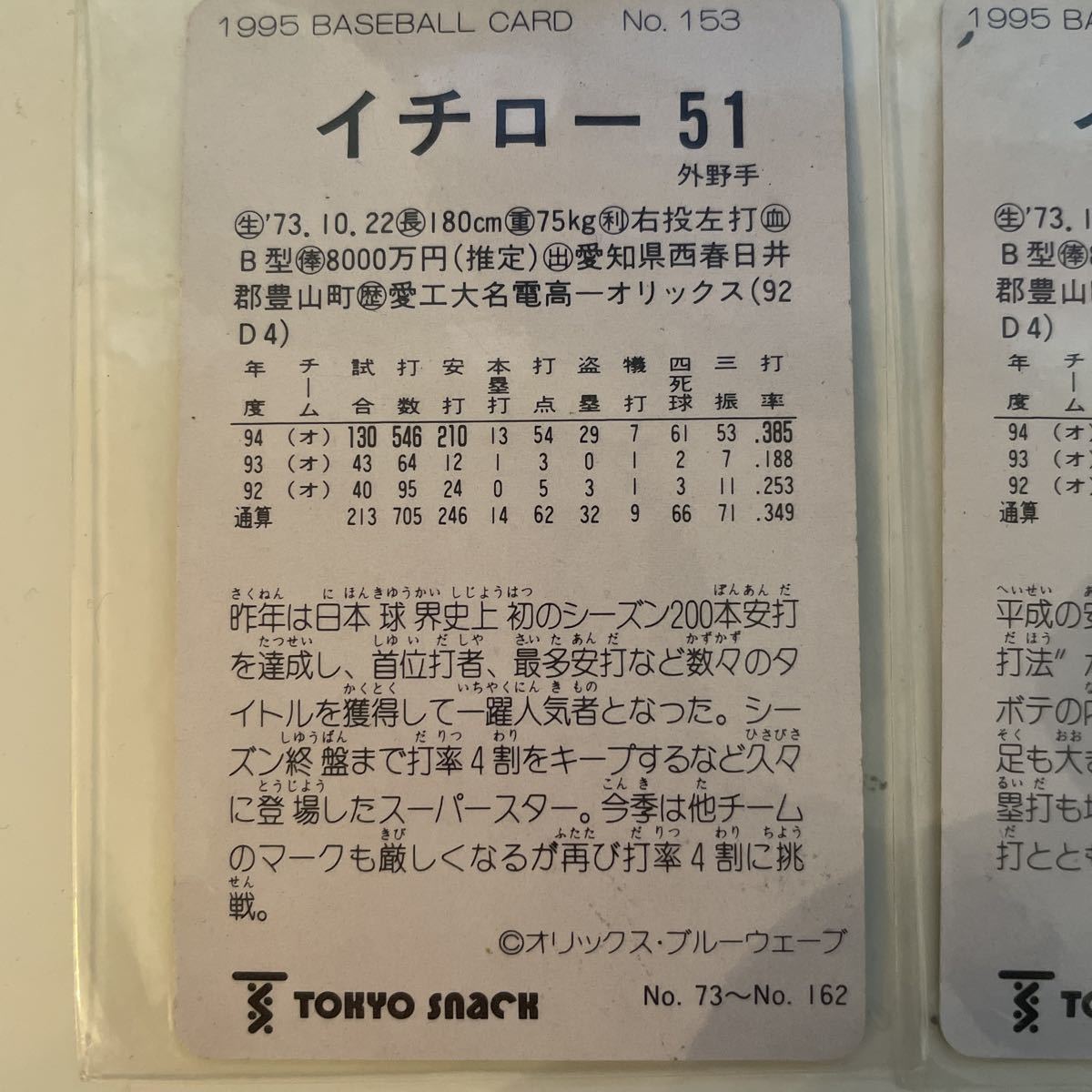 カルビー プロ野球チップス 東京スナック 1995 No. 153 154 希少 レア イチロー 第二段 第2段の画像2
