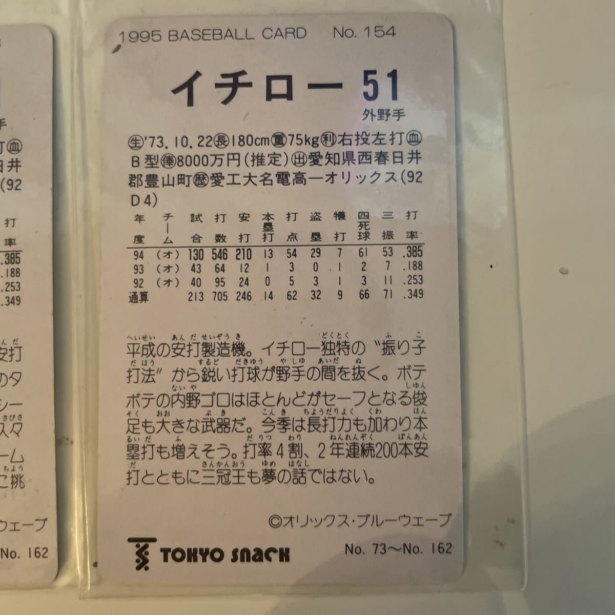 カルビー プロ野球チップス 東京スナック 1995 No. 153 154 希少 レア イチロー 第二段 第2段の画像3
