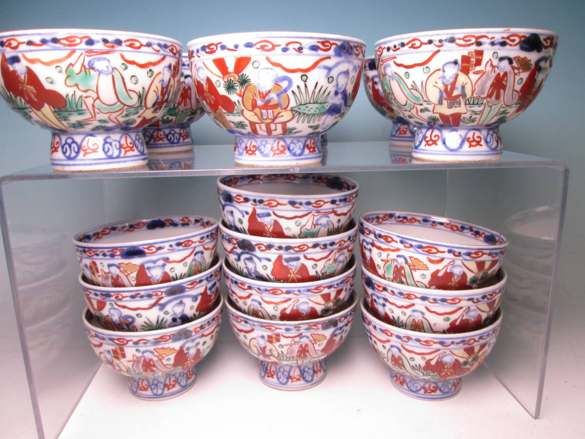 桃】煎茶道具:清朝期色絵花の図煎茶碗五客-