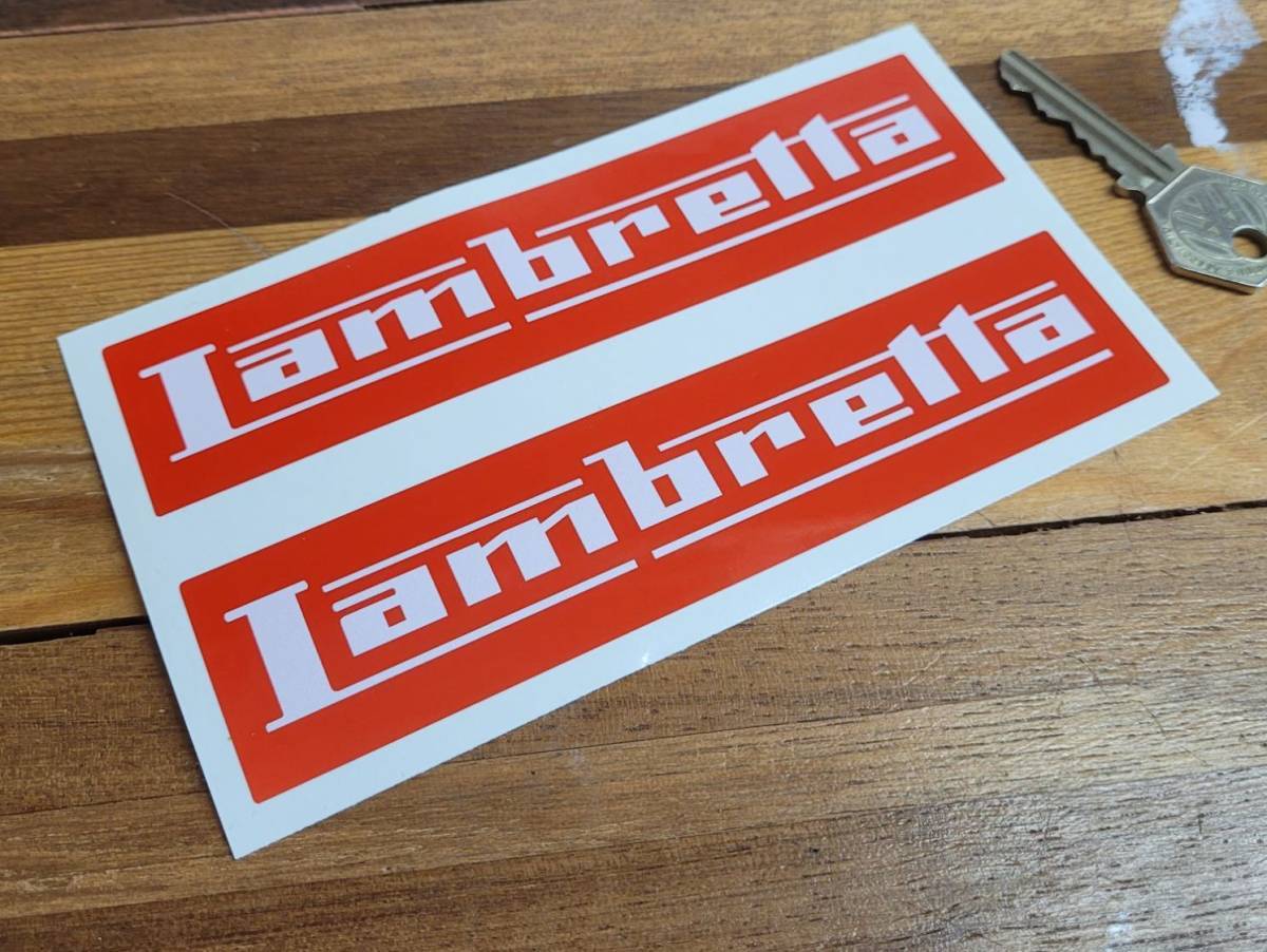 海外　Lambretta White on Red Oblong Sticker ランブレッタ ステッカー デカール 150mm × 34mm 2枚セット_画像1