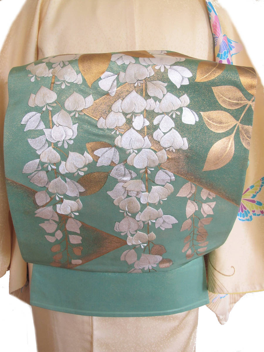 美しい白藤　刺繍　金銀彩　引き箔袋帯　薄緑色