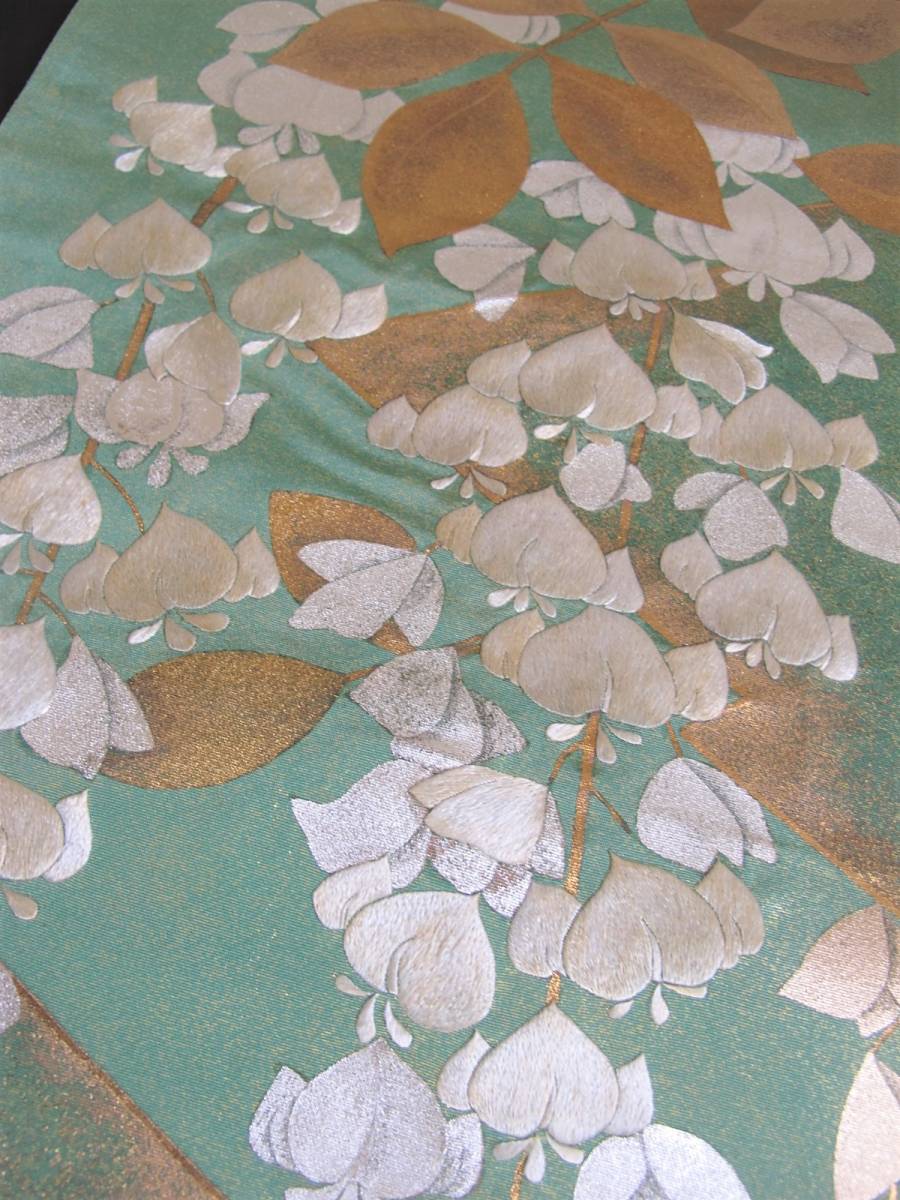 美しい白藤　刺繍　金銀彩　引き箔袋帯　薄緑色_画像6