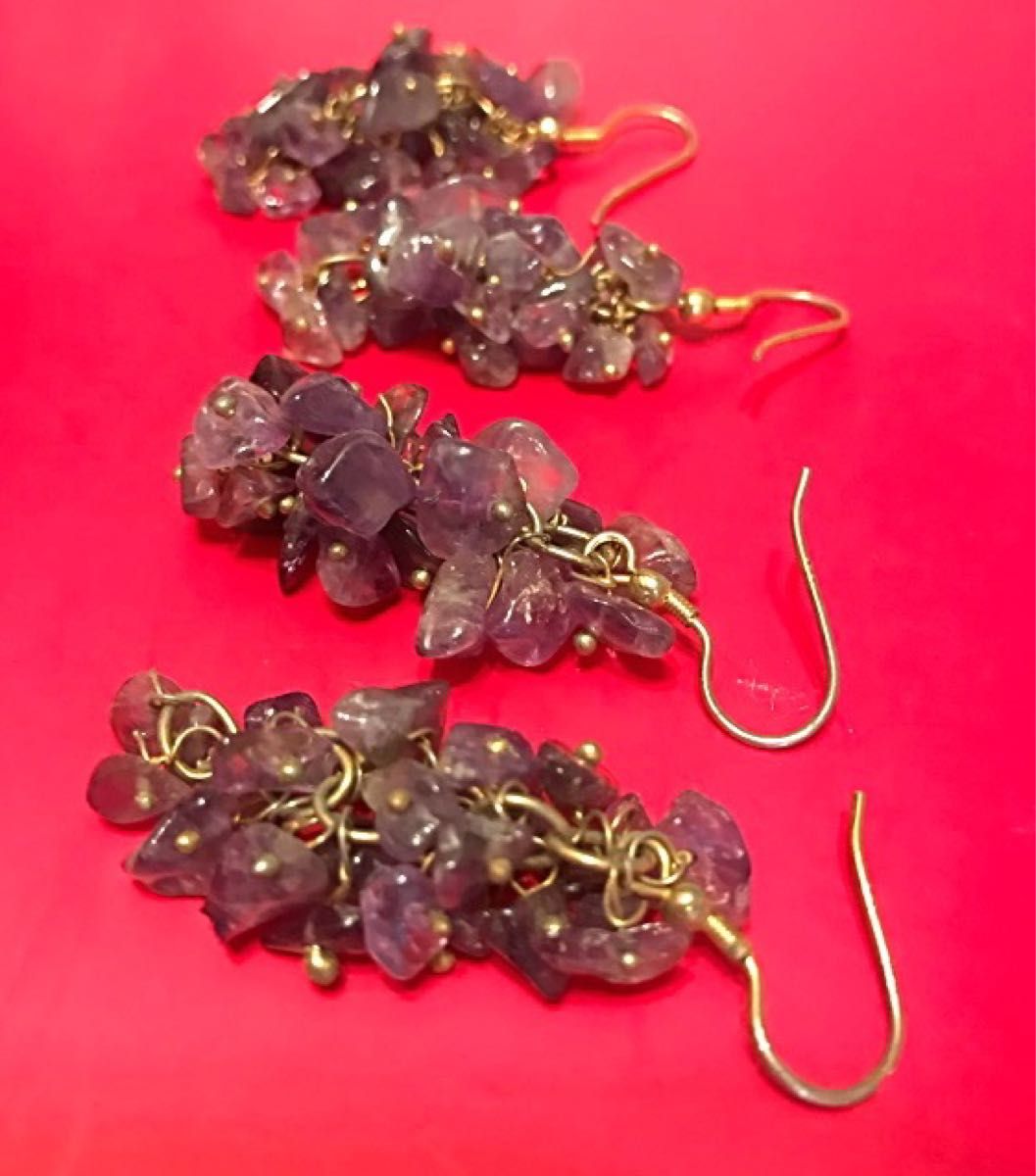 ハワイで購入　アメジスト紫水晶ピアス　パワーストーン天然石ピアス フックピアス