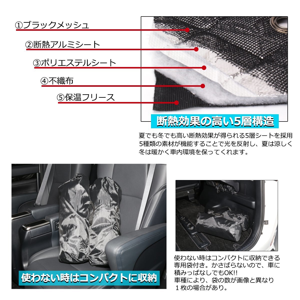 20系 アルファード/ヴェルファイア サンシェード 全窓用 5層構造 ブラックメッシュ 車中泊 アウトドア 日よけ SZ631_画像4