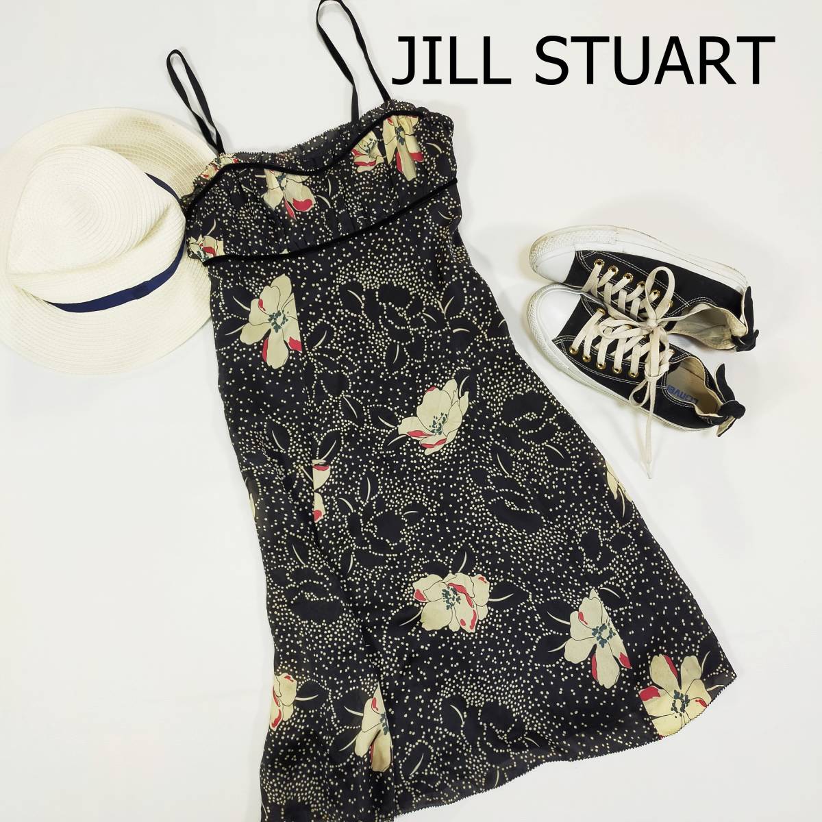 ジルスチュアート JILL STUART ワンピース ドレス サイズ0 XS ブラック ホワイト 黒 白 花 柄 キャミソール 裏地有 とろみ ひざ丈 1944_画像1